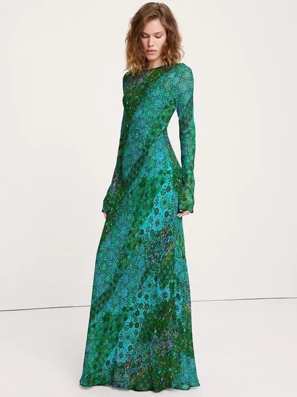 Banana Republic Green Patterned Chiffon Long-Sleeve Maxi Dress